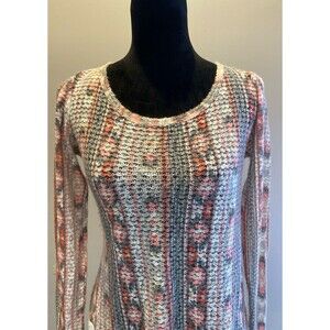 Maurice’s Pullover Boho Blouse Size Medium Orange Cream Open Weave Round Neck